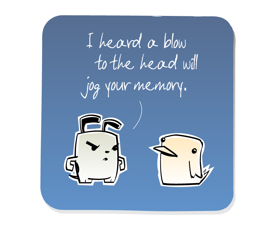 Panel 1: Dog talks to Bird. Dog says: "I heard a blow to the head will jog your memory."