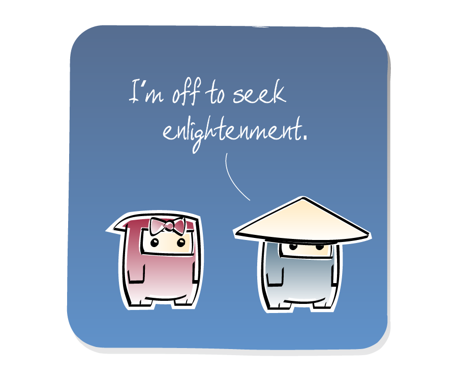 Panel 1: Ninja Girl listens to Ninja, who is wearing a hat. Ninja says: "I'm off to seek enlightenment."