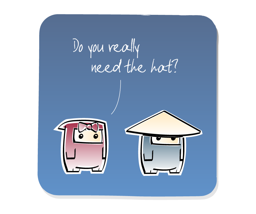 Panel 2: Ninja Girl asks a question to Ninja, who is wearing a hat. Ninja Girl says: "Do you really need the hat?"