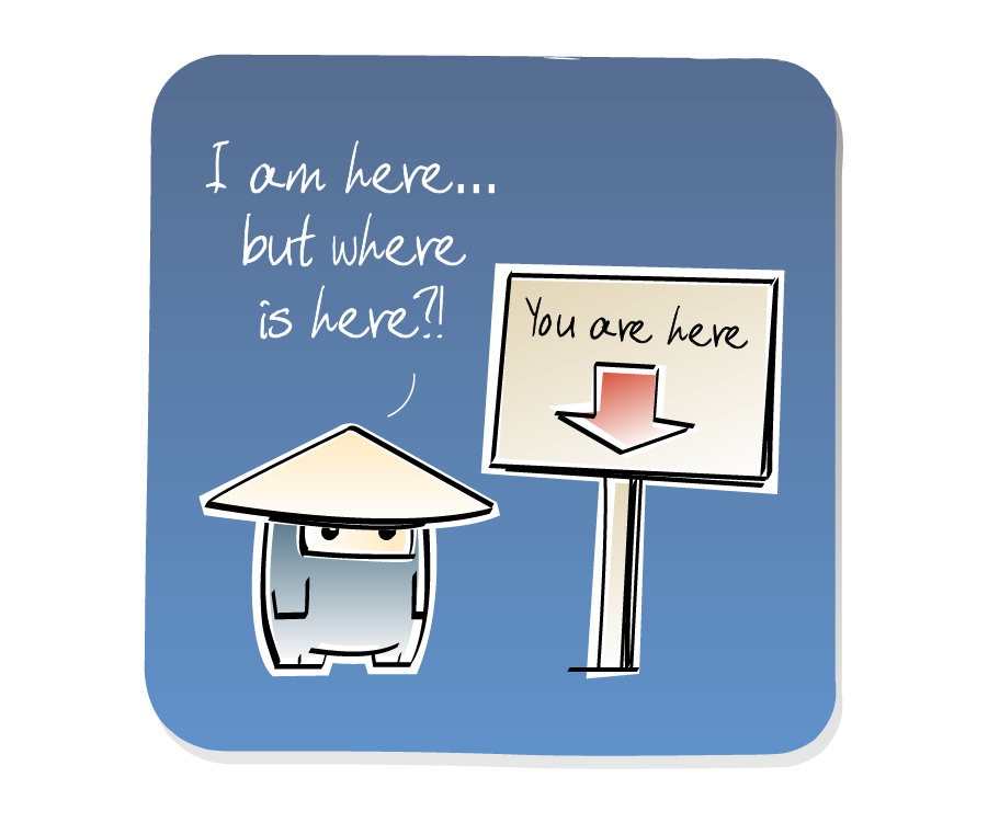 Panel 1: Ninja, wearing a hat, stands next to a sign that says 'You are here' with a red arrow pointing down. Ninja says: "I am here... but where is here?!" Sign says: "You are here"
