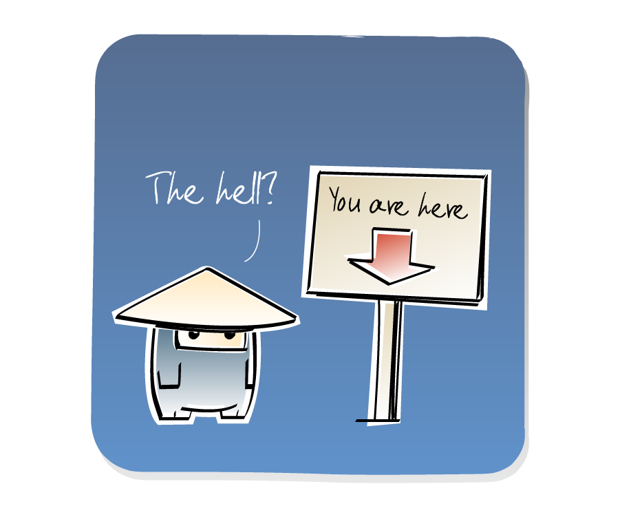 Panel 2: Ninja, wearing a hat, stands next to a 'You are here' sign with a red arrow pointing down. Ninja says: "The hell?" Sign says: "You are here"