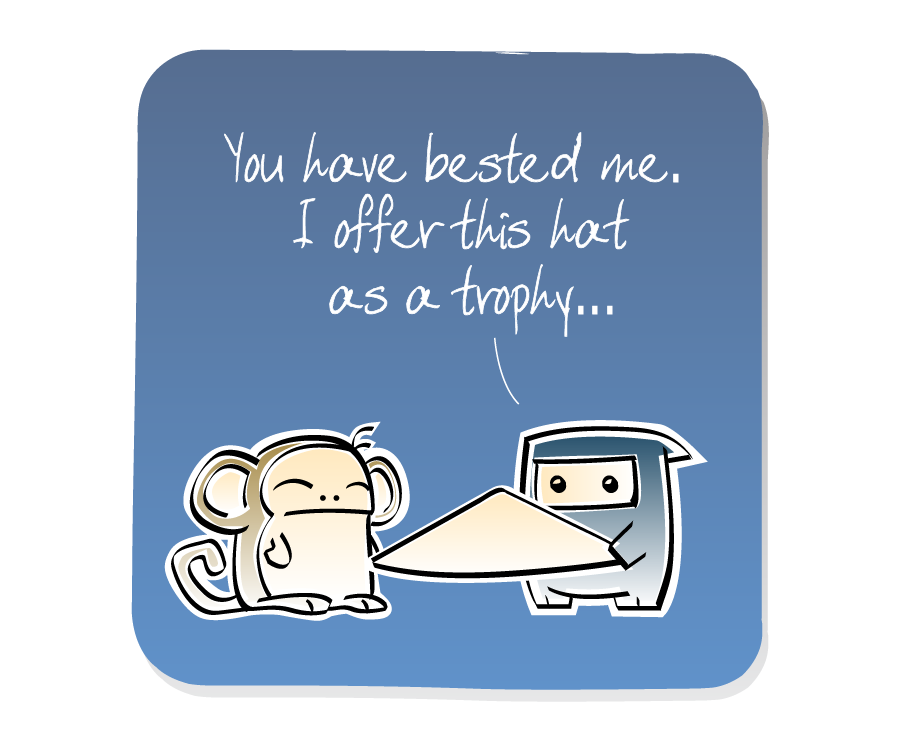 Panel 1: Ninja hands his hat to Monkey. Ninja says: "You have bested me. I offer this hat as a trophy..."