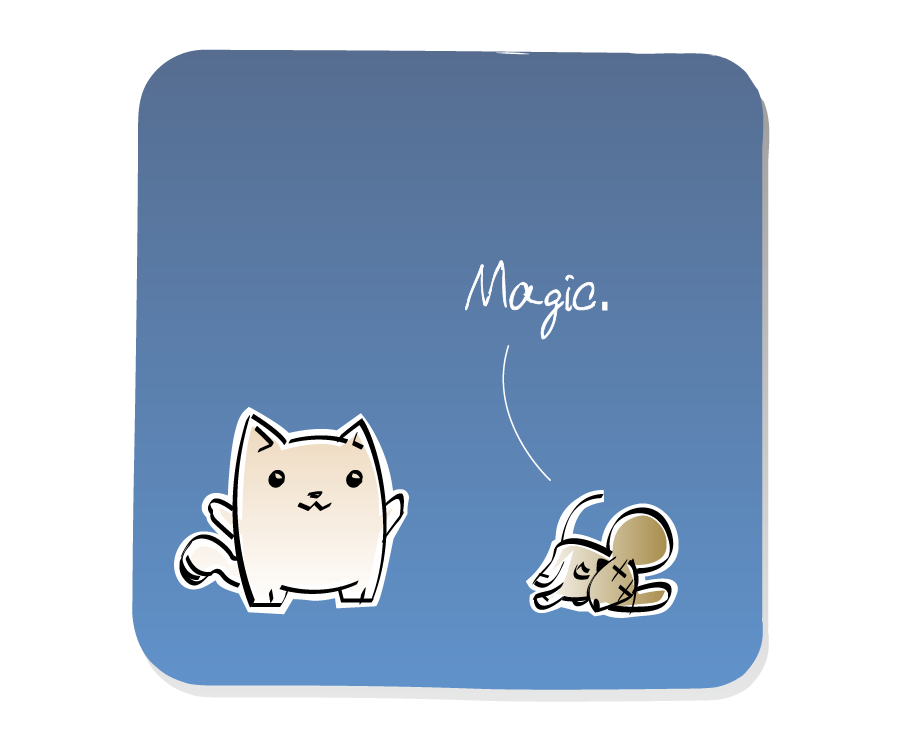 Panel 2: Cat listens as the dead Mouse responds. Mouse says: "Magic."