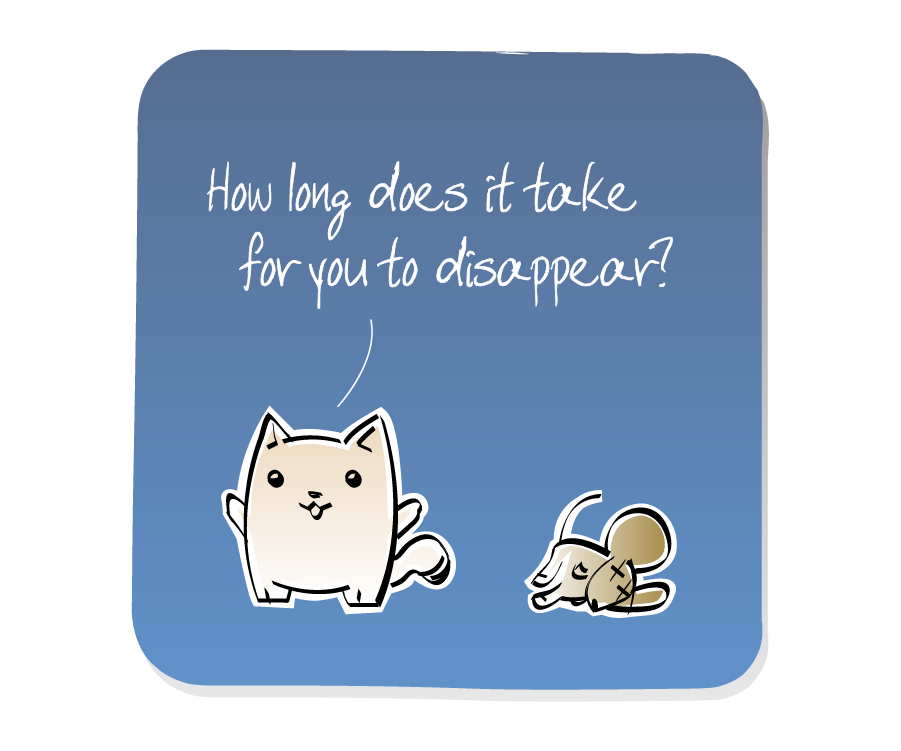 Panel 1: Cat turns his back on a dead Mouse. Cat says: "How long does it take for you to disappear?"