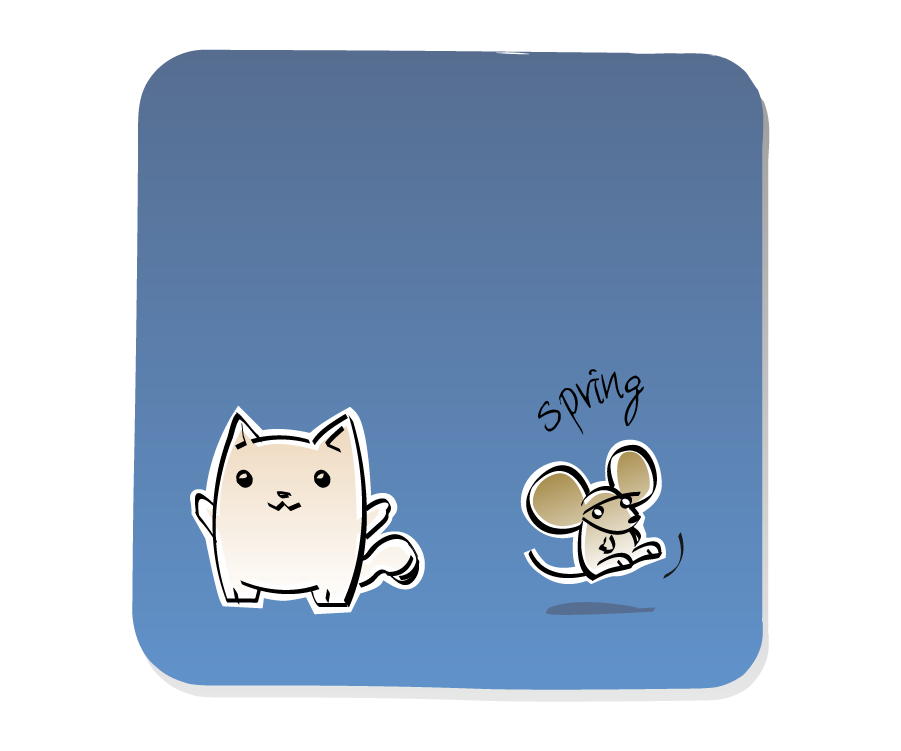 Panel 2: Mouse jumps up as Cat looks the other way. Sound effects: spring.
