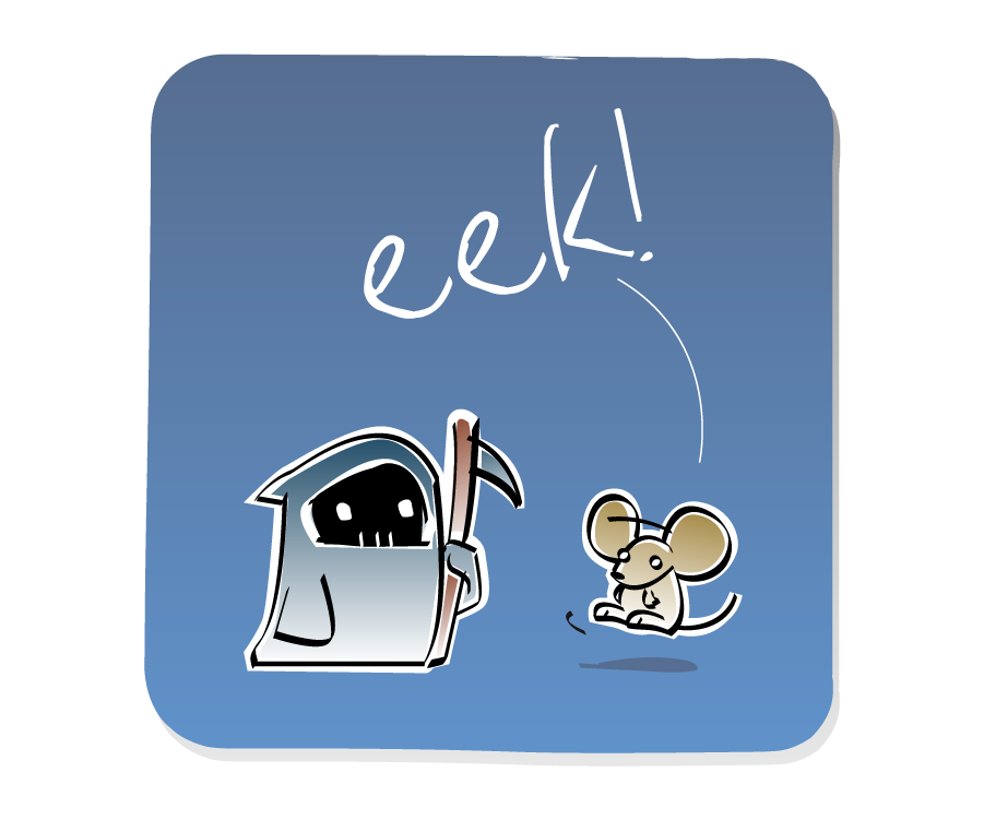 Panel 2: Mouse jumps up screaming, while Death looks on, holding a scythe. Mouse says: "eek!"