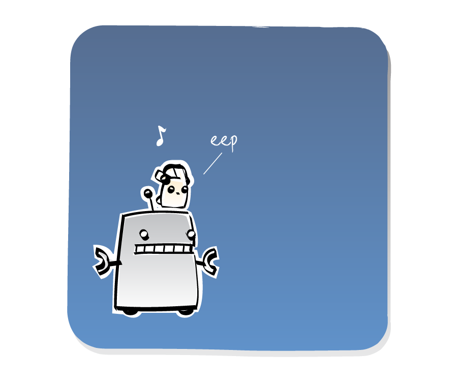 Panel 2: An Eep, sitting on Robot's head, quietly responds while continuing to listen to music. Eep says: "eep"