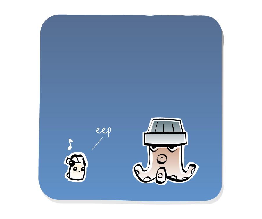 Panel 2: Octopus, wearing a hat, listens to an Eep, who is wearing headphones and listening to music. Eep says: "eep"