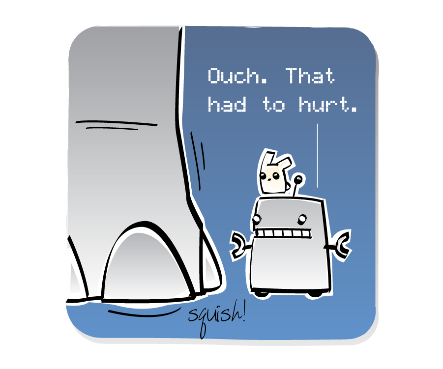 Panel 3: Dinosaur stomps on Spaceman, while Robot watches with an Eep on his head. Sound effects: squish!. Robot says: "Ouch. That had to hurt."