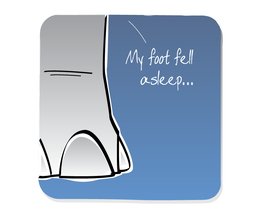 Panel 3: Dinosaur speaks while its foot stays in place. Dinosaur says: "My foot fell asleep..."