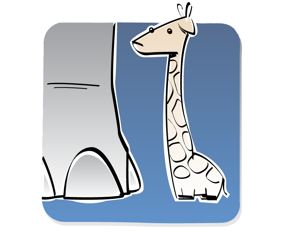 Panel 1: Giraffe stands next to a giant Dinosuar foot.