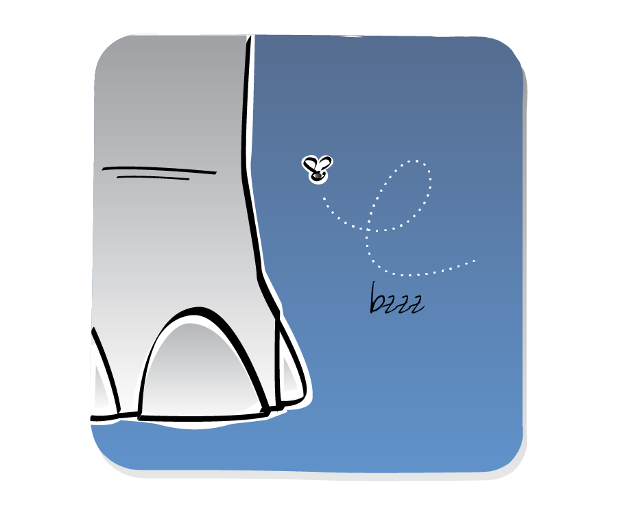 Panel 1: Gnat flies towards a giant Dinosaur foot. Sound effects: bzzz.