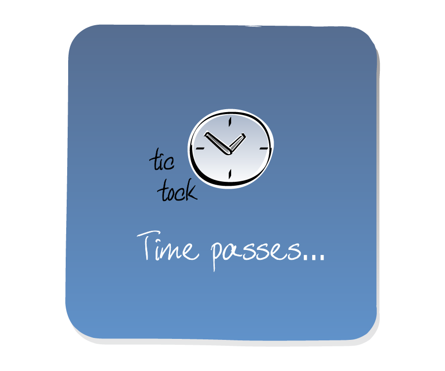 Panel 2: A clock ticks on an empty panel. Sound effects: tic tock. Narrator says: "Time passes..."