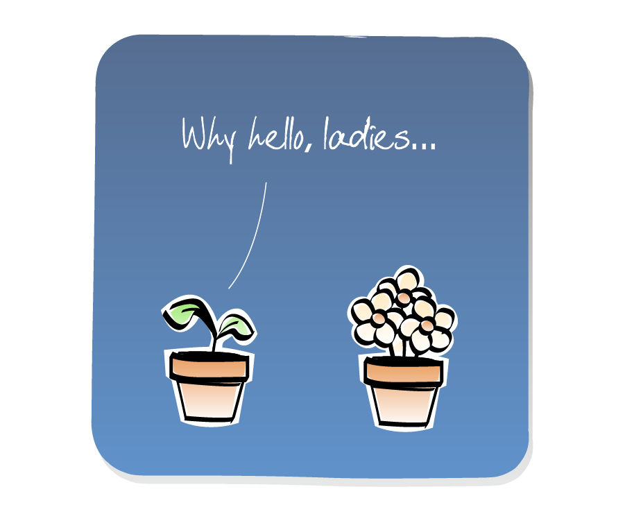 Panel 1: A Plant in a pot talks to a bunch of Flowers in a pot. Plant says: "Why hello, ladies..."