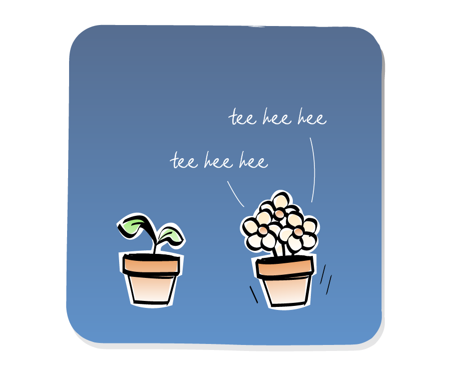 Panel 2: The bunch of Flowers in a pot wiggle while the Plant in a pot stays still. Flowers says: "tee hee hee" Flowers says: "tee hee hee"