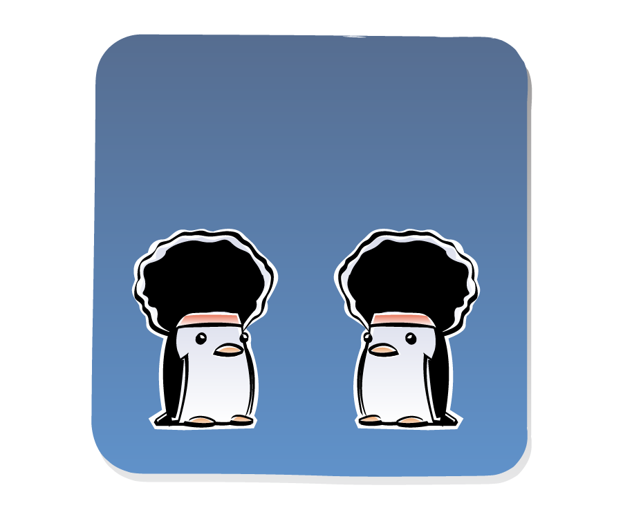 Panel 2: Two Penguins wearing large afro wigs face each other, silently.