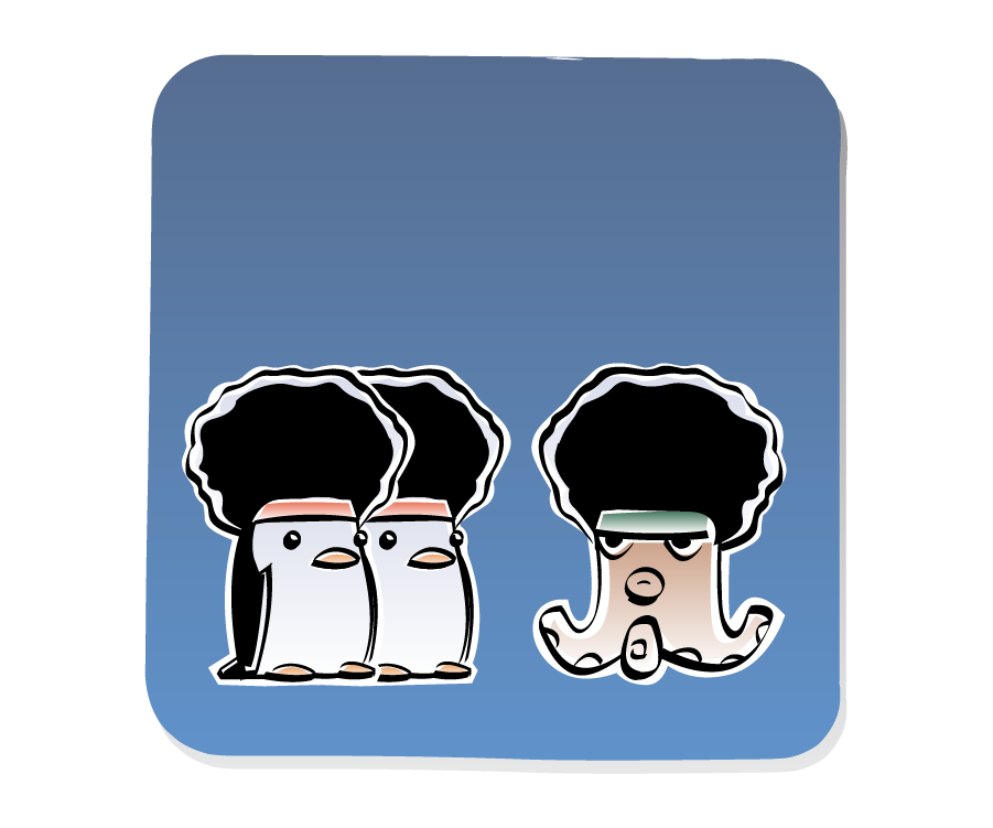 Panel 1: Two Penguins wearing large afro wigs face Octopus, who is wearing a similar afro wig.