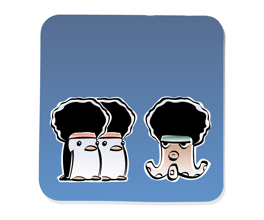 Panel 2: Two Penguins wearing large afro wigs continue to face Octopus, who is wearing a similar afro wig.