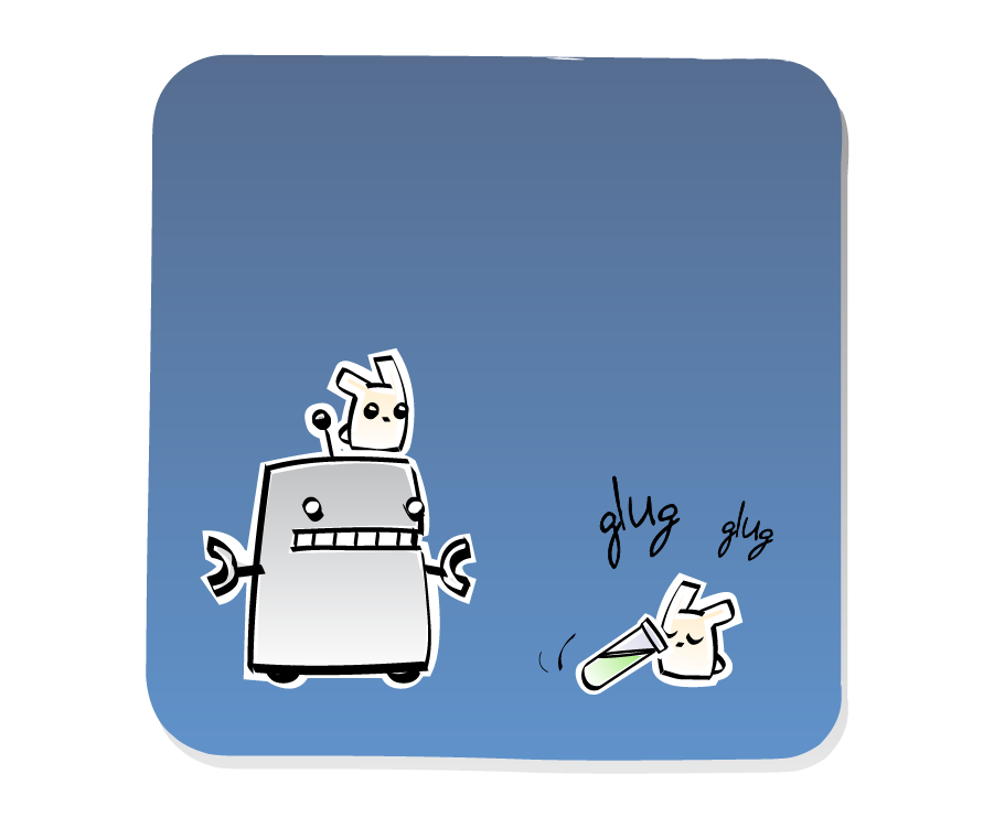 Panel 2: An Eep on the ground drinks the green liquid from a test tube, while Robot watches with another Eep on his head. Sound effects: glug glug.