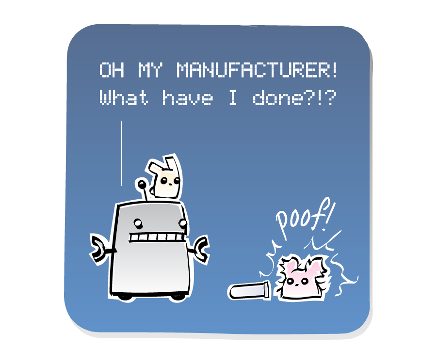 Panel 3: Robot, with an Eep sitting on his head, watches as an empty test tube rolls on the ground next to a transformed Eep, who has turned into a fluffy pink Poof. Sound effects: poof!. Robot says: "OH MY MANUFACTURER! What have I done?!?"