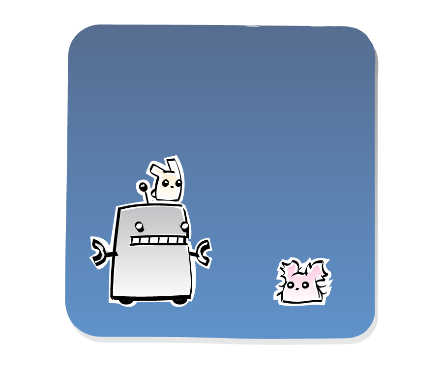 Panel 2: Robot, with an Eep on his head, stares at a Poof on the ground in silence.