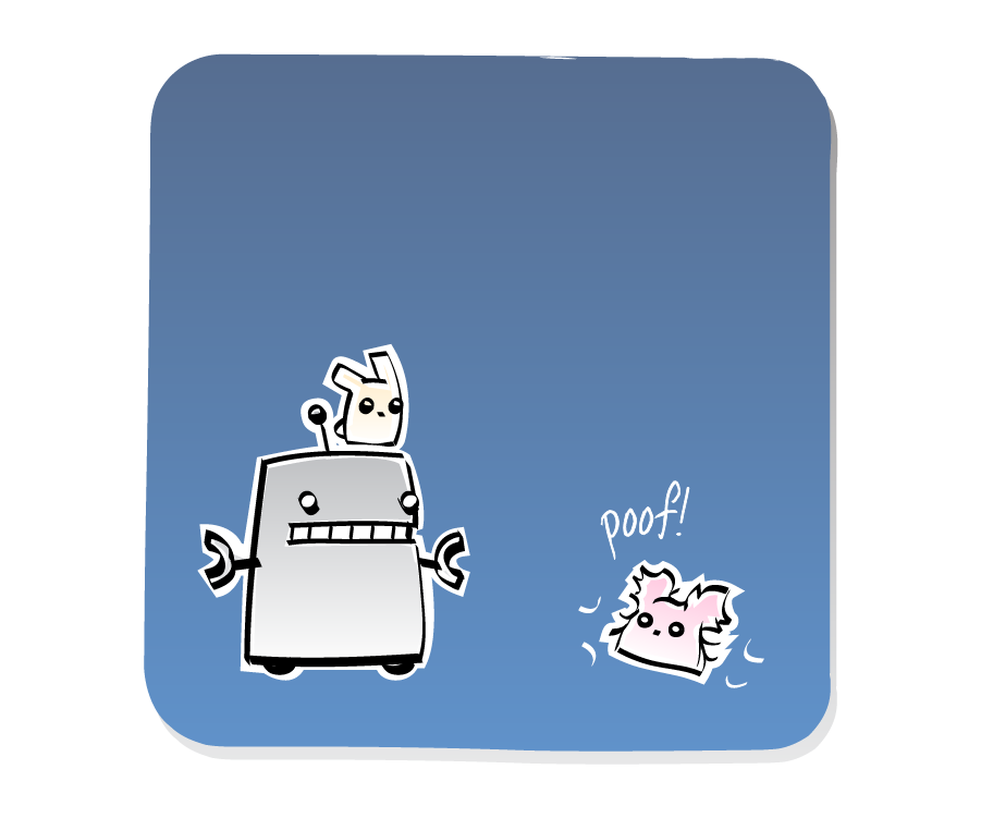 Panel 2: The Poof suddenly shakes and sheds a layer of fur, while Robot watches with an Eep on his head. Sound effects: poof!.