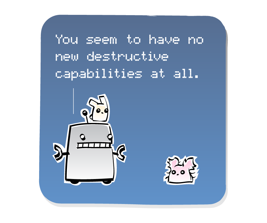 Panel 1: Robot, with an Eep on his head, addresses a Poof on the ground. Robot says: "You seem to have no new destructive capabilities at all."