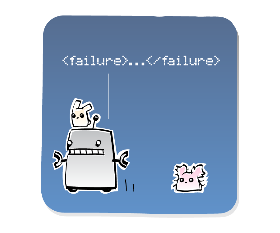 Panel 2: Robot, with an Eep on his head, turns and walks away from the Poof on the ground. Robot says: "<failure>...</failure>"