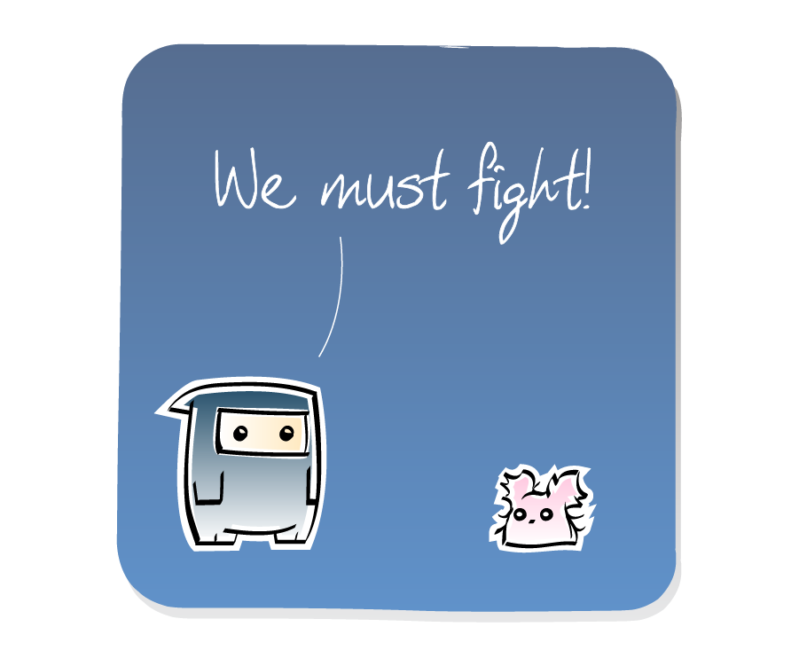 Panel 1: Ninja stands facing a Poof. Ninja says: "We must fight!"