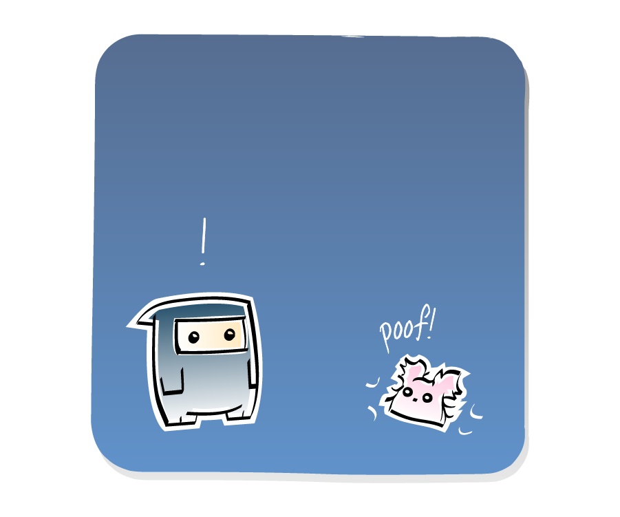 Panel 2: The Poof fluffs up, causing Ninja to react with surprise. Sound effects: poof!. Ninja says: "!"