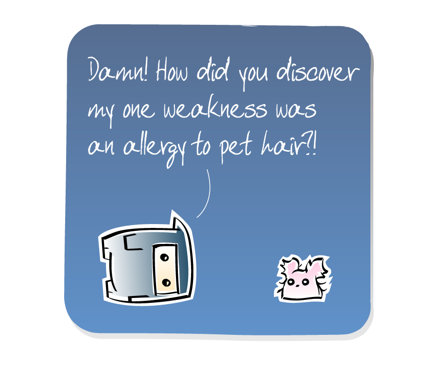 Panel 3: Ninja falls onto the ground in defeat while the Poof sits nearby. Ninja says: "Damn! How did you discover my one weakness was an allergy to pet hair?!"