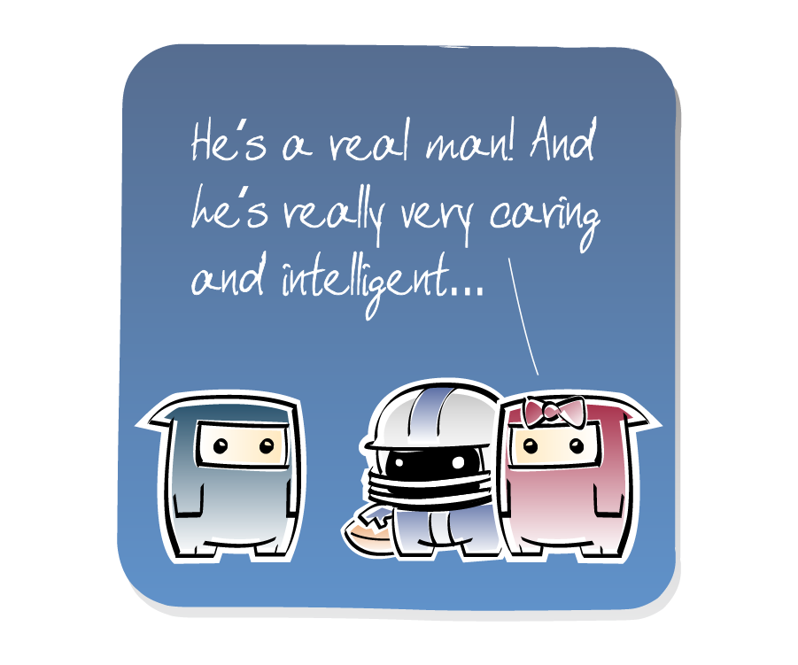 Panel 2: Ninja listens to Ninja Girl while Jock, who is holding a football and wearing a football helmet, looks on. Ninja Girl says: "He's a real man! And he's really very caring and intelligent..."