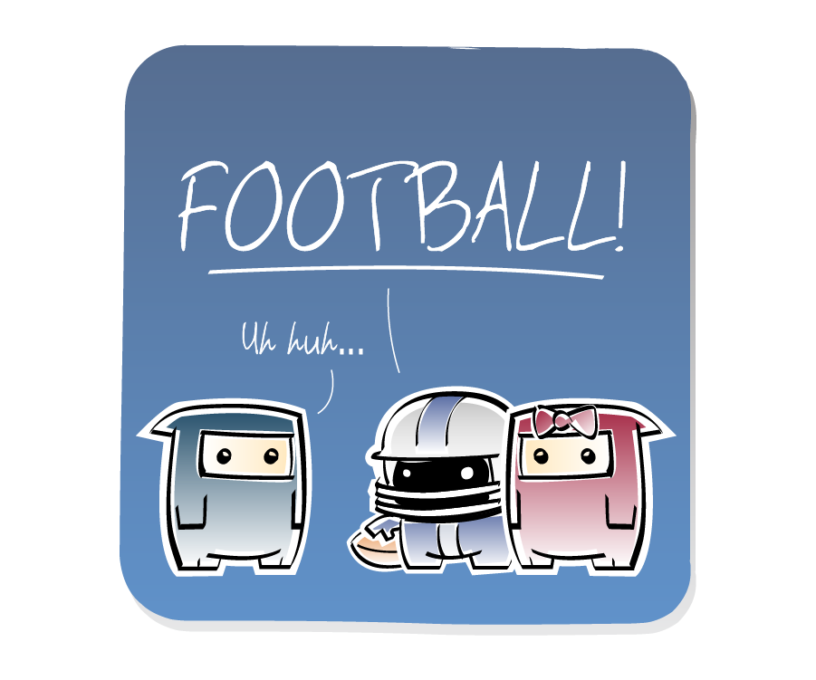 Panel 3: Jock, holding a football and wearing a football helmet, shouts at Ninja while Ninja Girl looks on. Jock says: "FOOTBALL!" Ninja says: "Uh huh..."