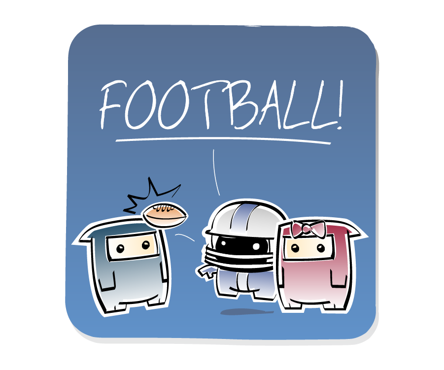 Panel 2: Jock, wearing a football helmet, throws the football at Ninja, hitting him in the head, while Ninja Girl continues to look on. Jock says: "FOOTBALL!"