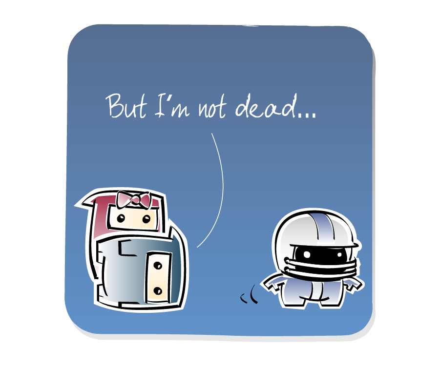Panel 2: Ninja Girl stands behind Ninja, who is lying on the ground. Jock turns and walks away. Ninja says: "But I'm not dead..."