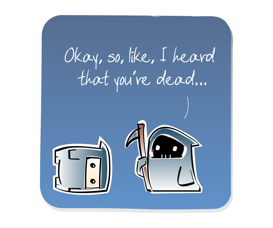 Panel 1: Death, holding a scythe, approaches Ninja, who is lying on the ground. Death says: "Okay, so, like, I heard that you're dead..."