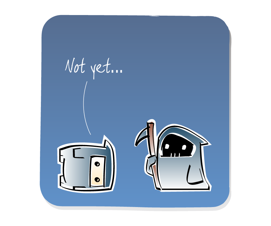 Panel 2: Death, holding a scythe, listens to Ninja, who is lying on the ground. Ninja says: "Not yet..."