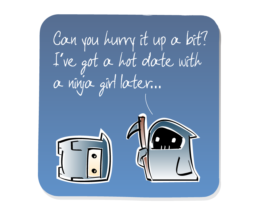Panel 3: Death, holding a scythe, answers Ninja, who continues to lie on the ground. Death says: "Can you hurry it up a bit? I've got a hot date with a ninja girl later..."