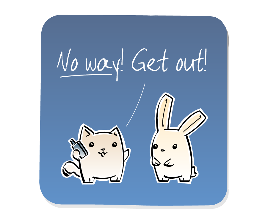 Panel 2: Cat continues to talk on his cell phone while Bunny looks on. Cat says: "No way! Get out!"