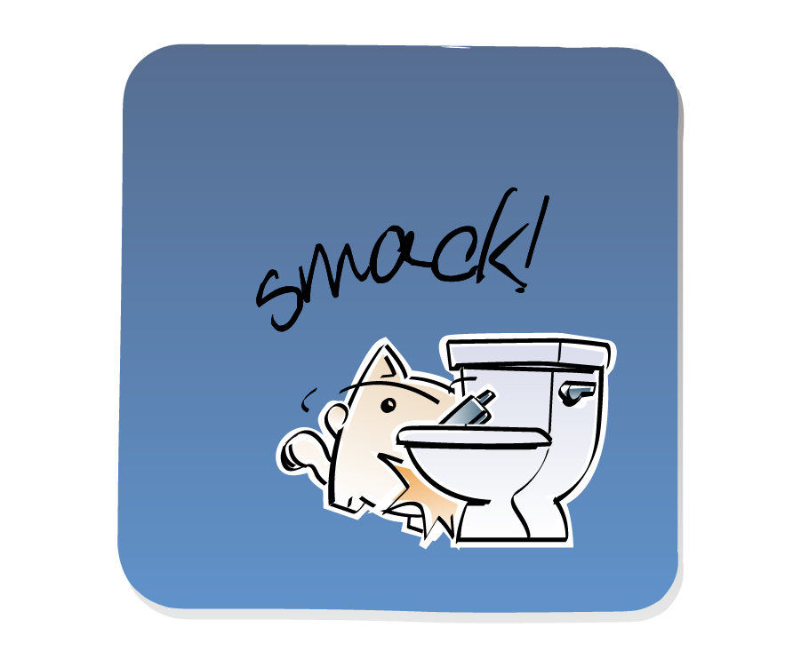 Panel 2: Cat bumps into Toilet and drops his cell phone in. Sound effects: smack!.