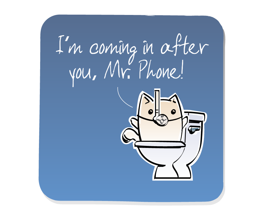 Panel 1: Cat, wearing a snorkel mask, sits inside the Toilet bowl. Cat says: "I'm coming in after you, Mr. Phone!"