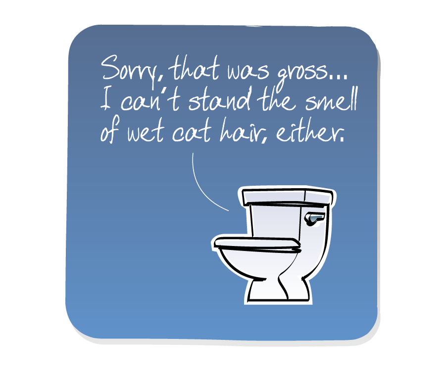 Panel 3: Toilet addresses the reader. Toilet says: "Sorry, that was gross... I can't stand the smell of wet cat hair, either."