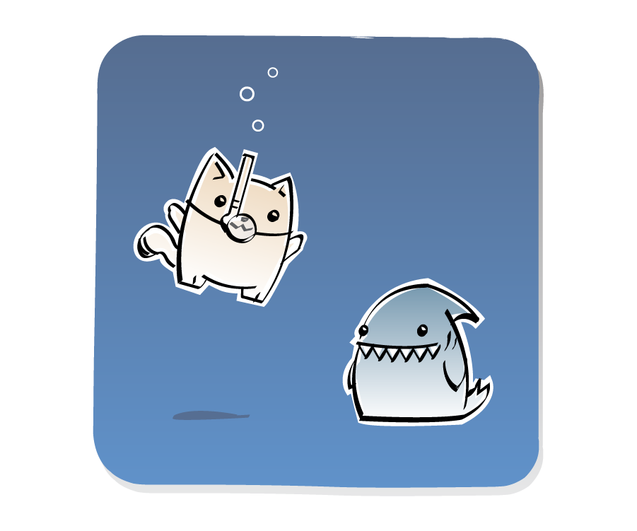 Panel 1: Cat, wearing a snorkel mask with bubbles, floats down to the ground while Shark waits.