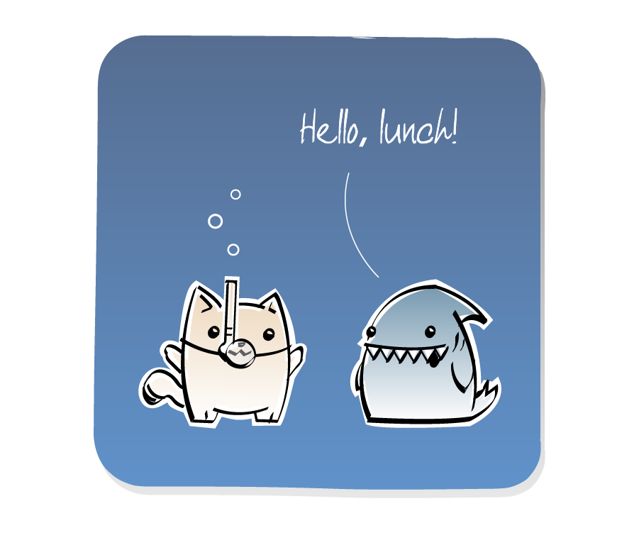 Panel 3: Shark answers Cat, who is wearing a snorkel mask with bubbles. Shark says: "Hello, lunch!"