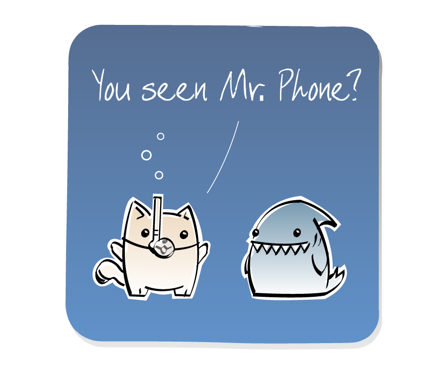 Panel 1: Cat, wearing a snorkel mask with bubbles, asks a question to Shark. Cat says: "You seen Mr. Phone?"