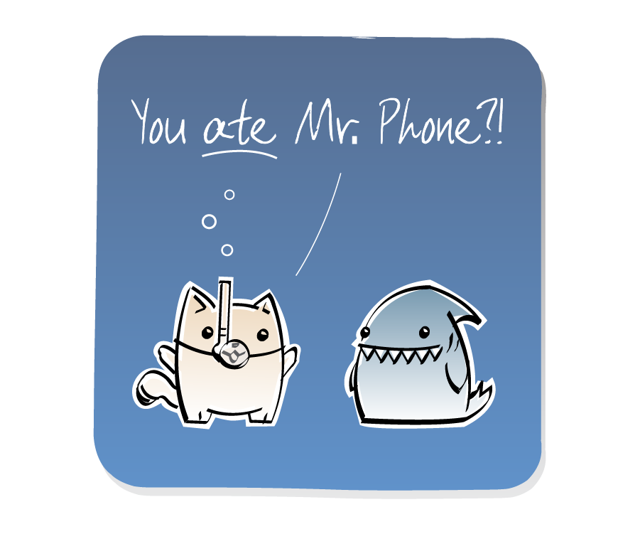 Panel 1: Cat, wearing a snorkel mask with bubbles, asks a question to Shark. Cat says: "You ate Mr. Phone?!"