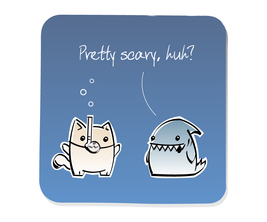 Panel 2: Shark answers Cat, who is wearing a snorkel mask with bubbles. Shark says: "Pretty scary, huh?"