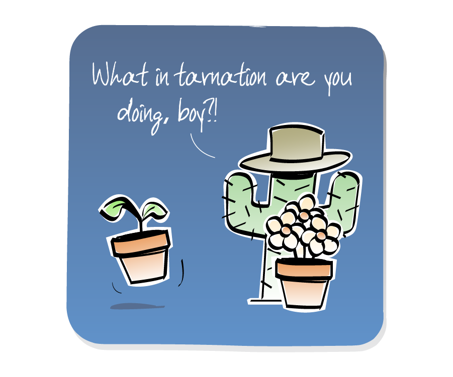 Panel 2: Plant, in a pot, dances in front of the Cactus, who is wearing a cowboy hat. A bunch of Flowers in a pot looks on. Cactus says: "What in tarnation are you doing, boy?!"