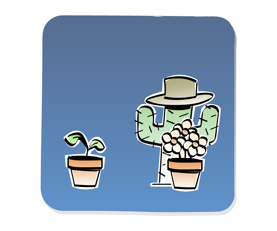 Panel 2: Plant, in a pot, silently faces Cactus, who is wearing a cowboy hat. A bunch of Flowers in a pot looks on.