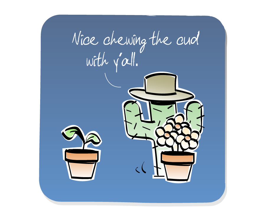 Panel 2: The Cactus wearing a cowboy hat turns to leave as it says goodbye to Plant, who is in a pot. A bunch of Flowers in a pot looks on. Cactus says: "Nice chewing the cud with y'all."